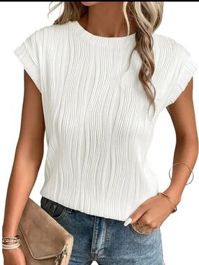 MOSHU Women’s Textured Casual Crewneck Cap Sleeve Knit Summer Blouse